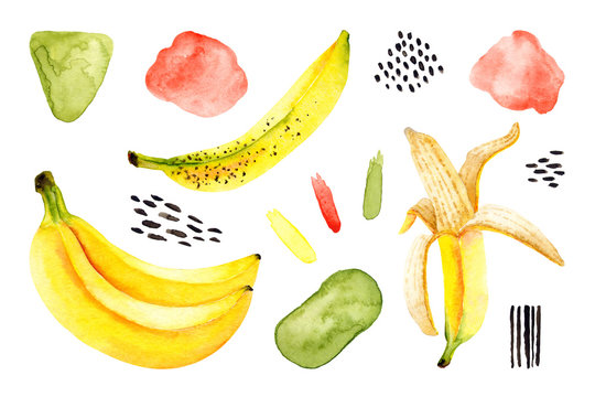 Set of watercolor bananas, abstract spots, brush strokes. Isolated bright illustration on white. Hand painted fruits perfect for trendy design, poster, fabric textile, postcard, wallpaper