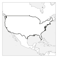 Map of United States of America, USA, black thick outline highlighted with neighbor countries