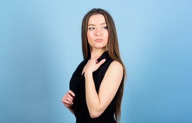 Naklejka premium Daily simple makeup. Cosmetology and beauty. Attractive woman long hair. Natural beauty. Beauty salon. Incredible beauty confident girl. Pretty girl skincare and makeup. Beautifying face and hair