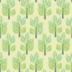 A seamless vector pattern with simple trees in pale pastel greens. Surface print design.