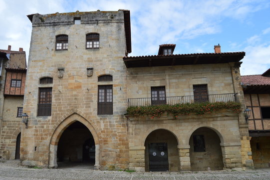 Main Facade Of The Don Borja Tower In The Plaza Mayor In Santillana Del Mar. August 26, 2013. Santillana Del Mar, Cantabria. Vacation Nature Street Photography.