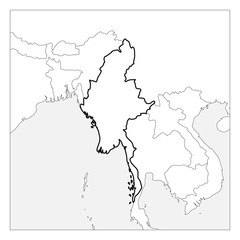 Map of Myanmar black thick outline highlighted with neighbor countries