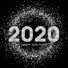 2020 Happy New Year. New Year 2020 greeting card. Background with silver numbers and glitter.