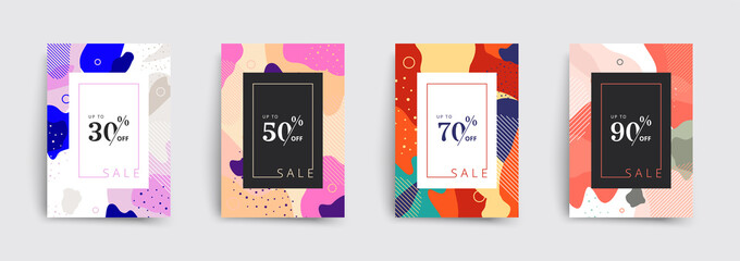 Set of sale brochures templates. Memphis cover template 30 off, 50, 70, 90 percent sale label symbols, discount promotion icon. Trendy colorful bubble shapes composition. Vector backgrounds.