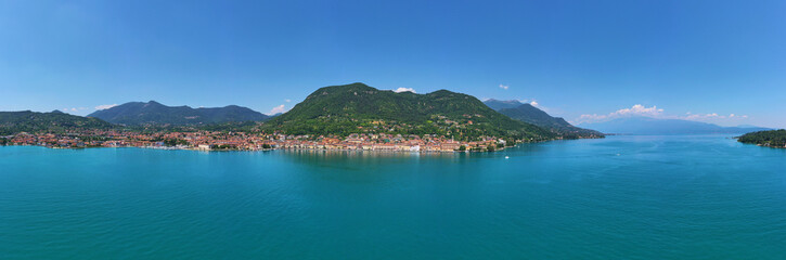Fototapeta na wymiar Aerial photography with drone. Panoramic view of the center of Salo on Lake Garda, Italy.