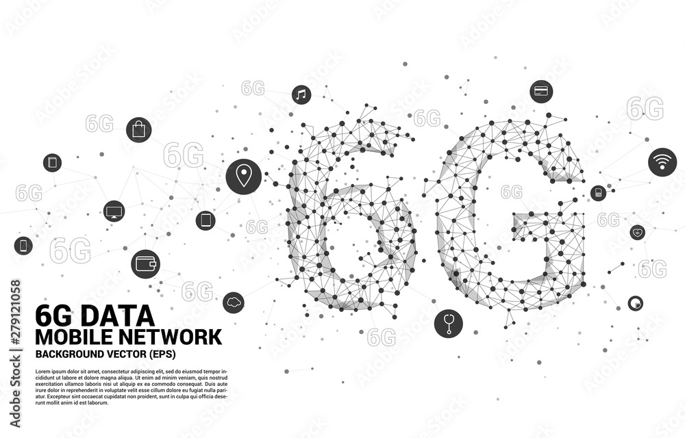 Poster Vector Polygon dot connect line shaped 6G mobile network with function icon. Concept for mobile phone data technology.