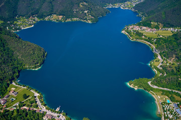 Fototapeta premium Aerial photography with drone. Panoramic view of Lake Ledro in the north of Italy In the Alps.