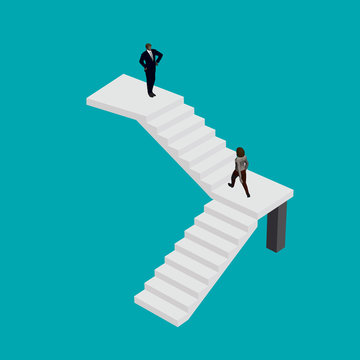 Girl in a business suit climbs the stairs to the head. Isometric. Vector illustration