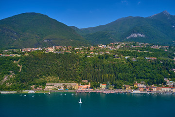 Aerial photography with drone. Italian town Toscolano Maderno on Lake Garda.