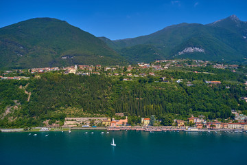 Obraz premium Aerial photography with drone. Italian town Toscolano Maderno on Lake Garda.