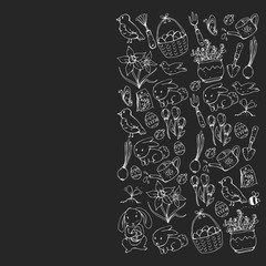 Obraz premium Vector pattern with easter and spring elements. Eggs in basket, bunny, flowers, birds