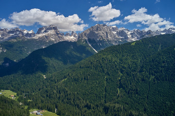 Fototapeta na wymiar Aerial photography with drone. Great view of the Madonna di Campiglio Italy ski resort summer time.
