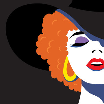Girl in hat in pop art style fashion woman. Vector graphics.