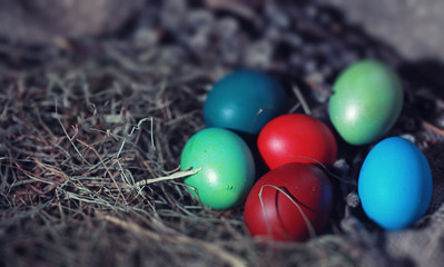 Easter painted eggs on burlap