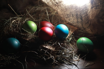 Easter painted eggs on burlap