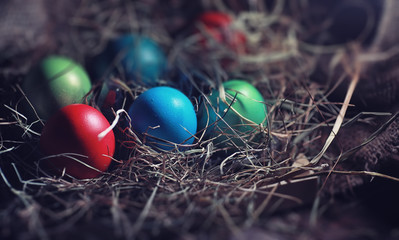 Easter painted eggs on burlap