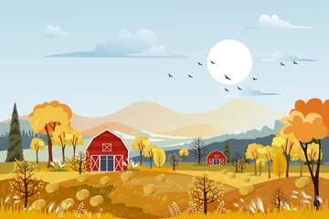 Fototapeten  Vector Autumn panorama landscape farm field with orange sky, Beautiful sunset in Autumn countryside panorama view with yellow foliage,Fall season with copy space for banner background © Anchalee