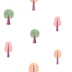 Seamless pattern with hand drawn watercolor autumn leaves and trees on white background. Vintage fashion background. Perfect for your project, wallpaper, texture, fabric. 