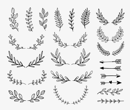 Vector dividers and laurels. Hand drawn doodle design elements. Borders and lines isolated.