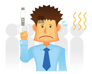 Businessman on a crowded commuter train. Flat vector illustration (Young asian businessman)