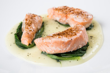  Grilled salmon with vegetables and bean cream