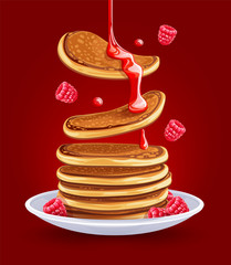 Pancakes with raspberries on the plate. Traditional sweet american breakfast with berries, on red background, Maple syrup flows at falling pancakes. Eps10 vector illustration.