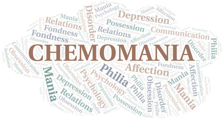 Chemomania word cloud. Type of mania, made with text only.