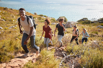 Happy young adult friends hiking single file uphill on a path by the coast, full length