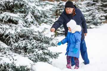 Grandfather carries granddaughter through the snow, grandfather and granddaughter spend time in winter