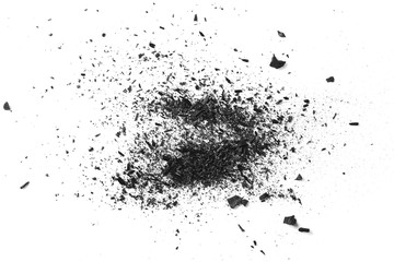 Black charcoal dust, gunpowder isolated on white background and texture, top view