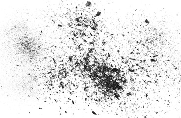 Black charcoal dust, gunpowder isolated on white background and texture, top view