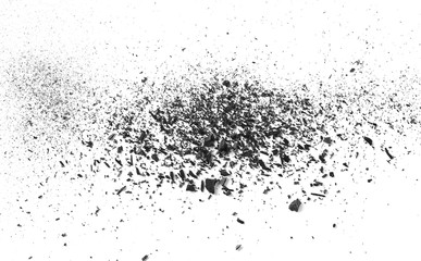 Black charcoal dust, gunpowder isolated on white background and texture, top view