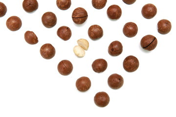 Shelled and unshelled macadamia nuts on white background.