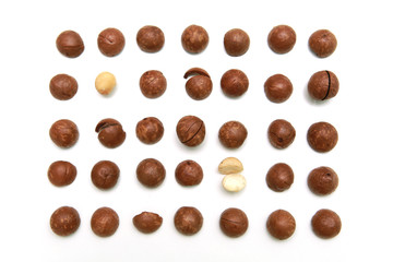 Shelled and unshelled macadamia nuts on white background.