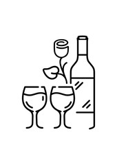 Wine glasses with rose and a bottle behind