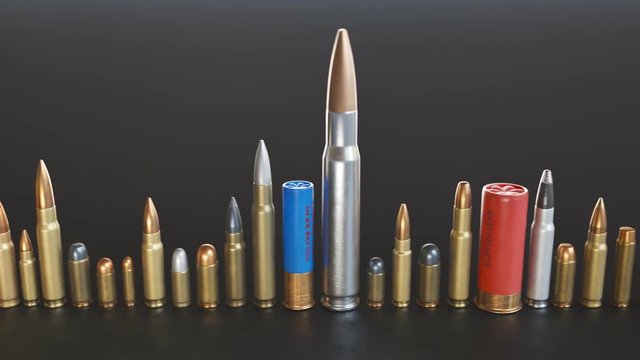 An endless row of different ammunition types standing on the ground in a loop.