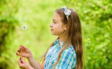 summer vacation. Rancho and country. Natural beauty. Childhood happiness. dandelion. Spring holiday. Womens day. happy child hold blowball. little girl and with taraxacum flower. Enjoying spring day