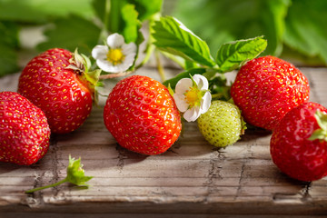 Red strawberries, leaves and flowers on an old wooden surface. Berries in summer. Close-up, copy space.