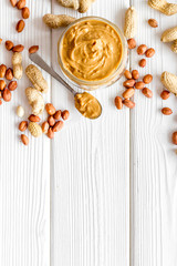 peanut butter for cooking breakfast at home on white background top view mock up