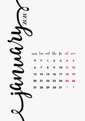 January 2020 Calendar Design. 12 Months Vector Page Template.