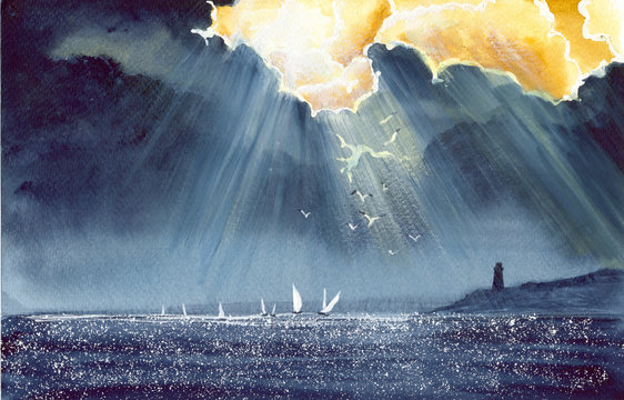 Watercolor picture of a sailing  boats and lighthouse after storm with dark stormy skies and rays of light