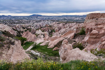 Valley with the sandy mountains of Cappadocia. Beautiful landscape.