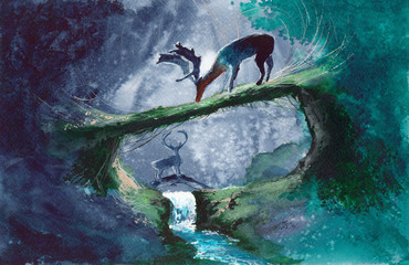 Watercolor picture of two  deers in the beautiful green forest with small stream