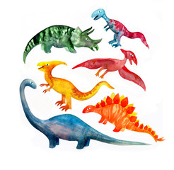 Cute cartoon dinosaurs. Hand drawn in colorful watercolor paint on white background. Creative childish characters for fabric, design, textile or background.