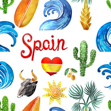 Summer in Spain seamless pattern. Wave, sun, cactus, surfboard, lettering, black bull, olive, heart and palm tree isolated on white. Spanish traditional symbols and objects repeatable design