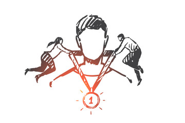 Startup, success, teamwork, coworking, partnership concept sketch. Hand drawn isolated vector illustration