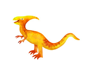 Funny yellow cartoon cute monster dinosaur isolated on white background. Watercolor funny dino. Hand drawn prehistoric animal