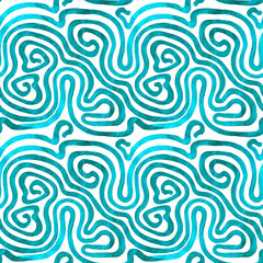 Turquoise raster seamless pattern on white background. Watercolor textured Irregular abstract grid. Free hand drawn trellis. 