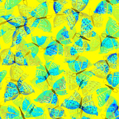 Seamless spring pattern with pretty blue and green colors butterflies on yellow background. Cute butterfly pattern  