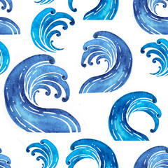 Fototapeta na wymiar Sea wave seamless pattern. Abstract watercolor hand drawn illustration, Isolated on white background 